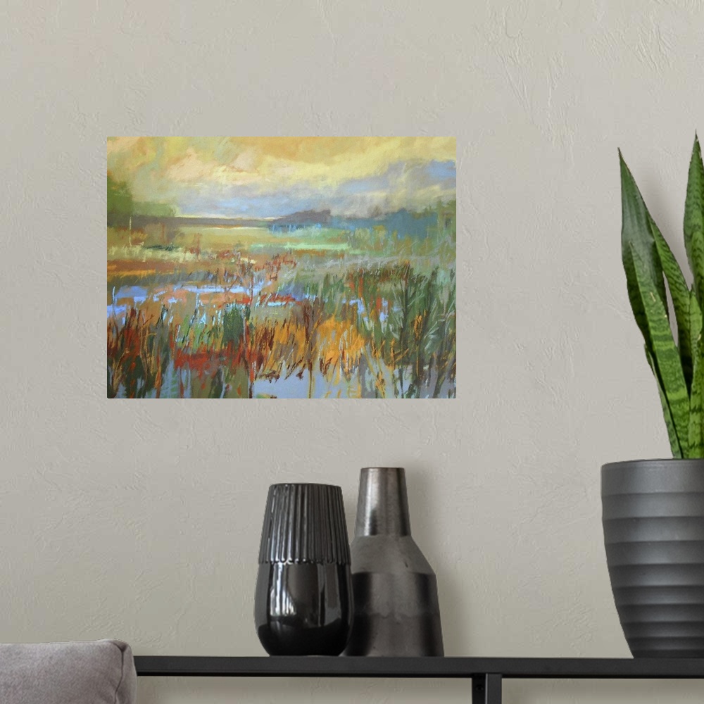 A modern room featuring Colorful contemporary landscape painting.