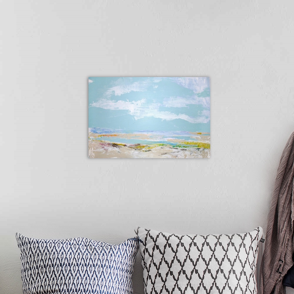 A bohemian room featuring Abstract beachscape painted in muted colors.