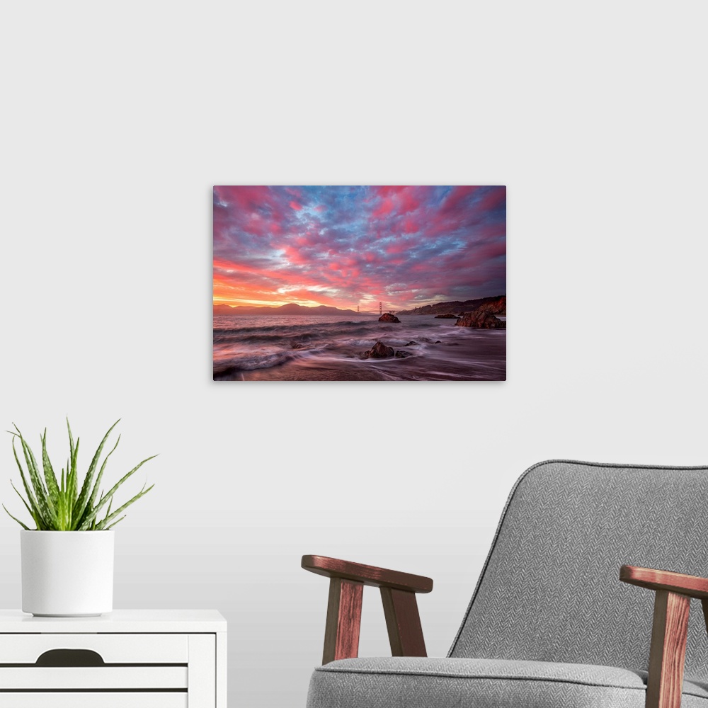 A modern room featuring Photograph of the San Franciso bay at sunrise with pink and blue clouds overhead.