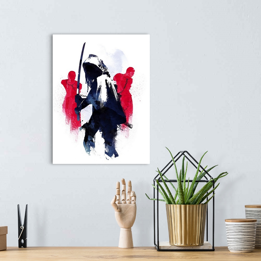 A bohemian room featuring Contemporary artwork of a fictional character that carries samurai sword and two zombies.