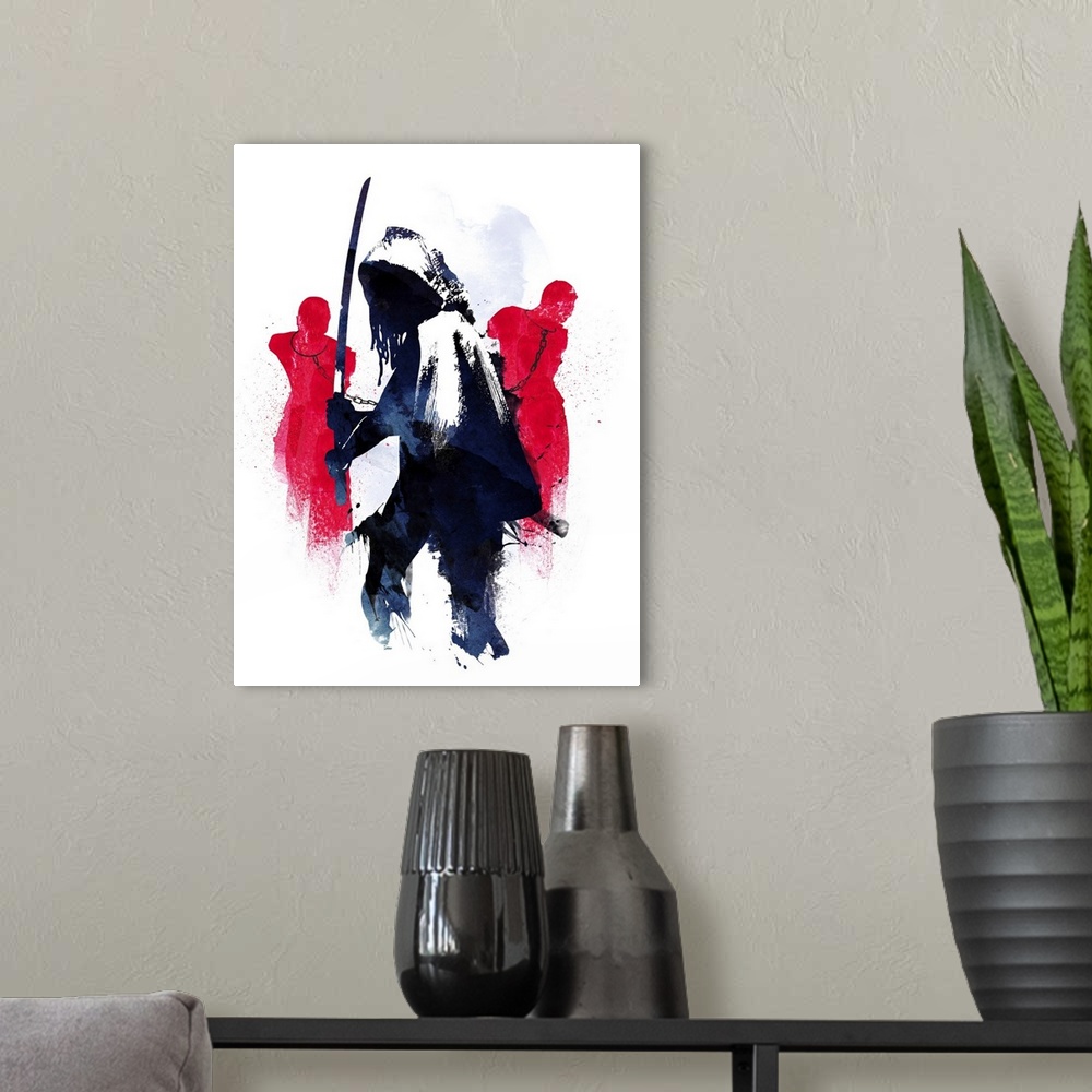 A modern room featuring Contemporary artwork of a fictional character that carries samurai sword and two zombies.