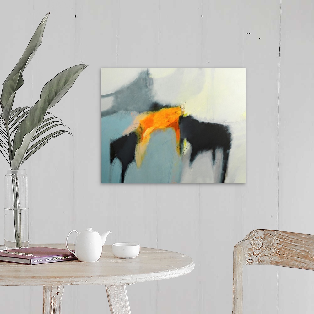 A farmhouse room featuring A contemporary abstract painting using wonderful shapes and colors.