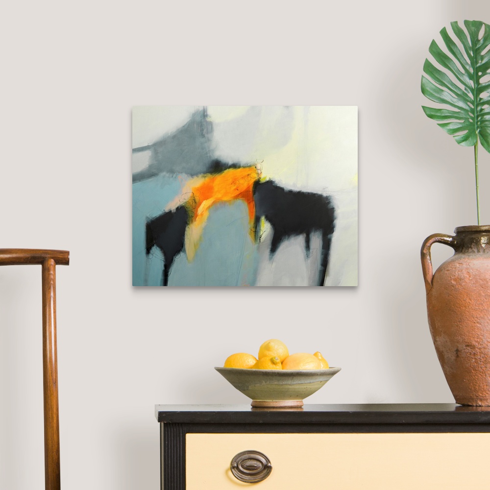 A traditional room featuring A contemporary abstract painting using wonderful shapes and colors.
