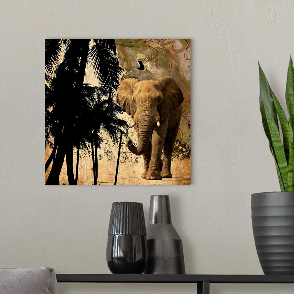 A modern room featuring A square mixed media image of an elephant and palm trees.