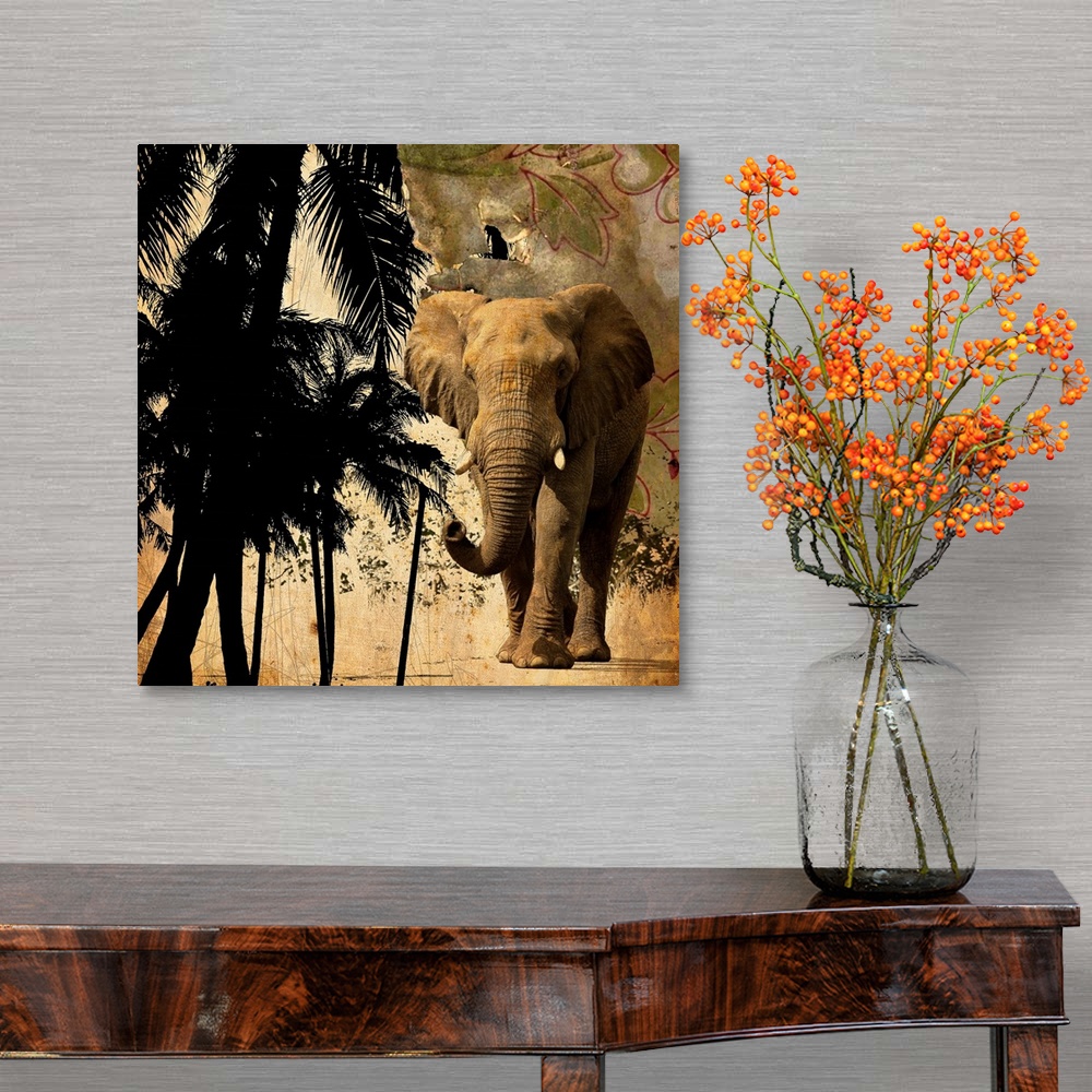 A traditional room featuring A square mixed media image of an elephant and palm trees.
