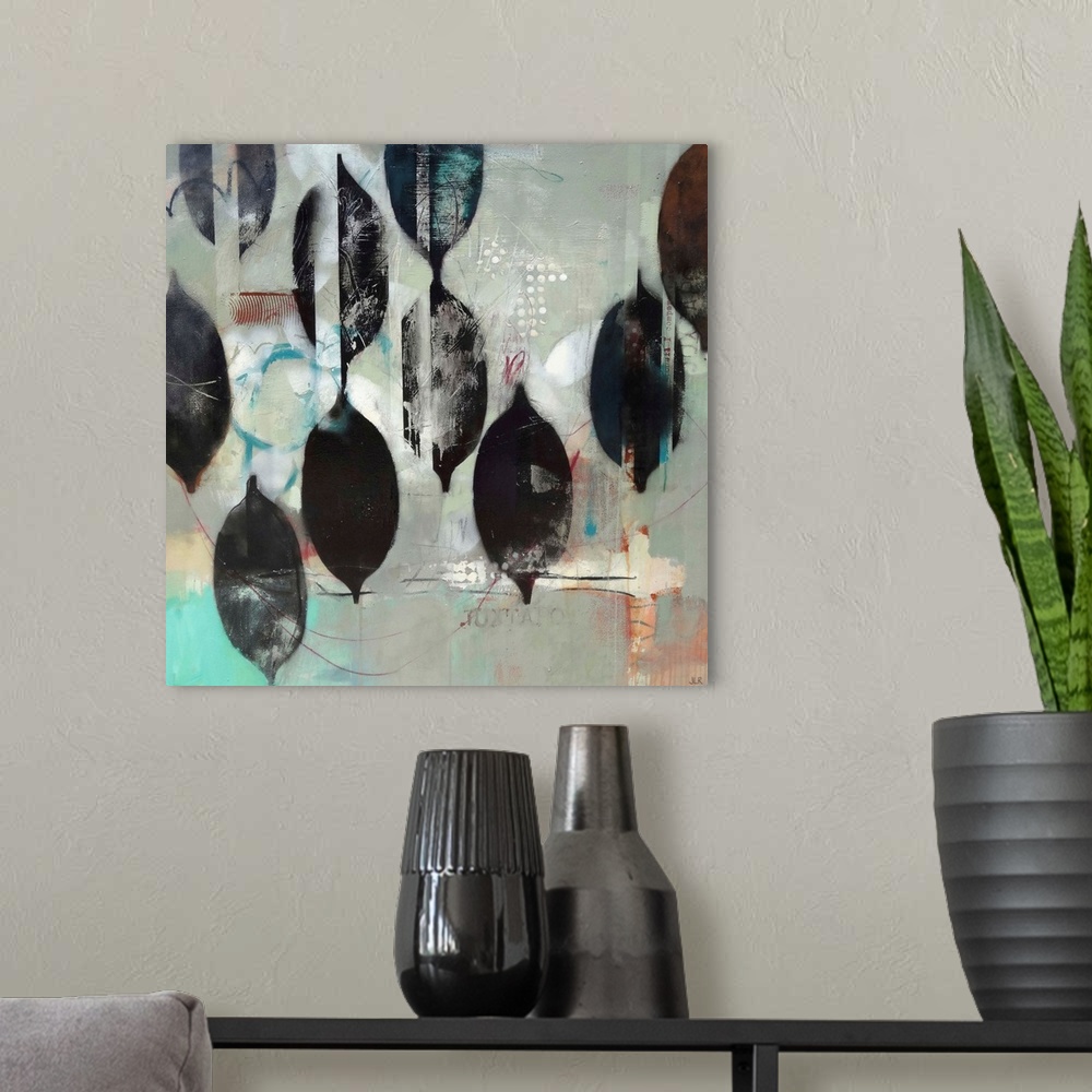 A modern room featuring A contemporary abstract painting using mostly gray for the background with black organic shapes i...