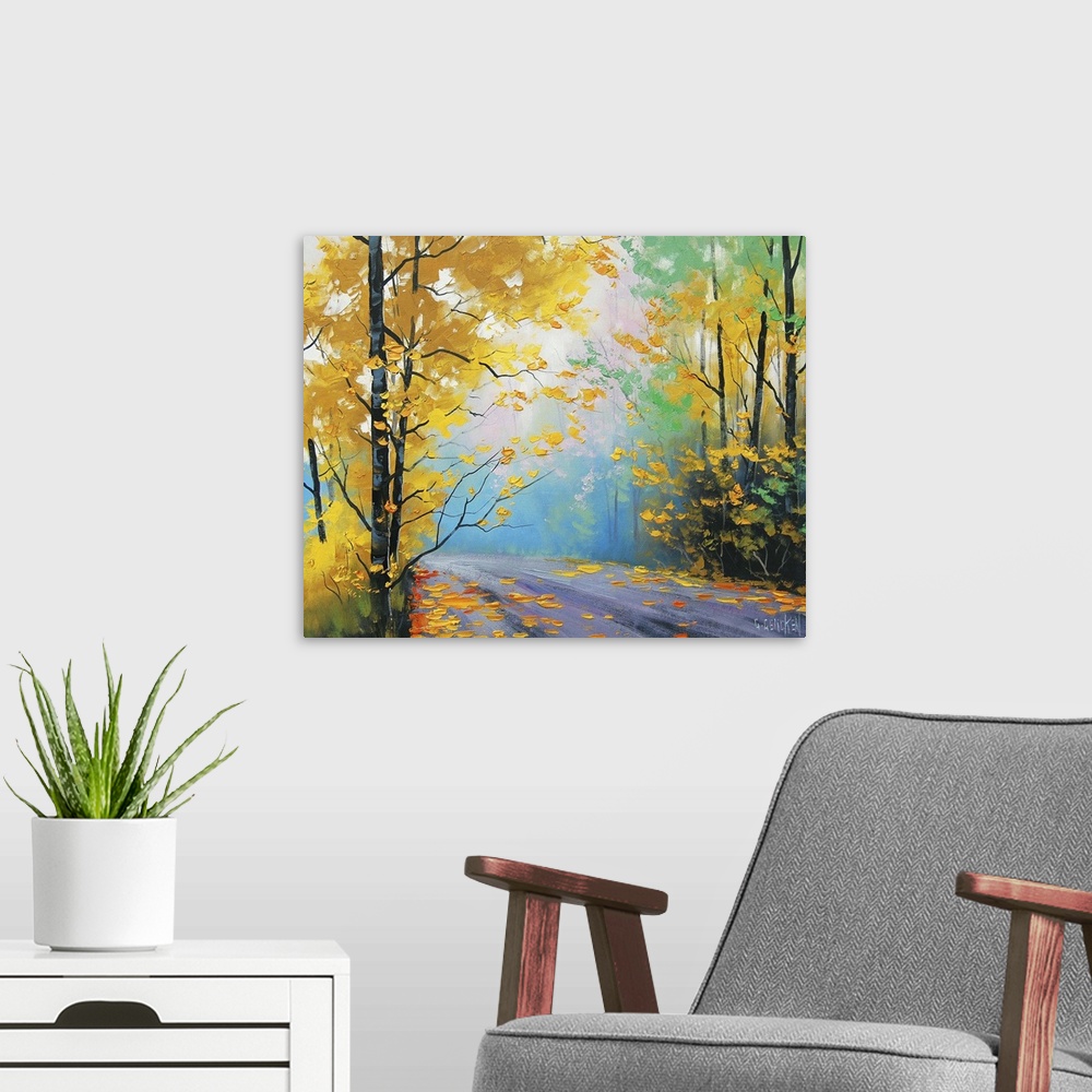 A modern room featuring Contemporary painting of an idyllic countryside road cutting through autumn foliage.