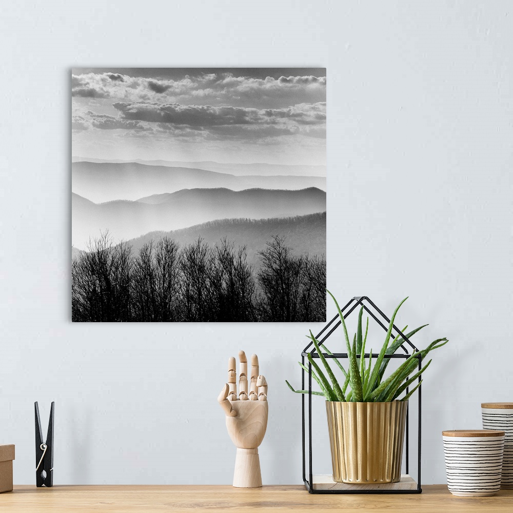 A bohemian room featuring Square black and white image of the rolling mountains of the Blue Ridge with mist and layers of c...