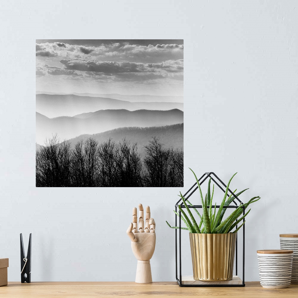A bohemian room featuring Square black and white image of the rolling mountains of the Blue Ridge with mist and layers of c...
