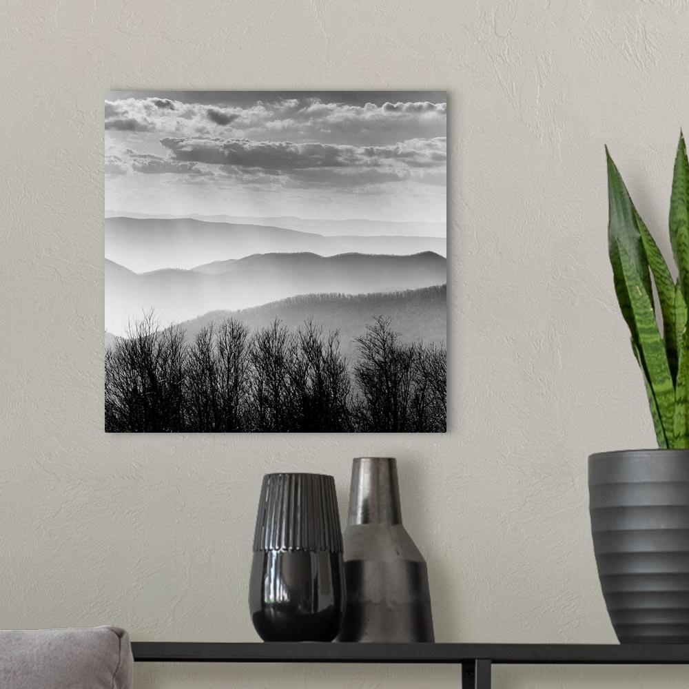 A modern room featuring Square black and white image of the rolling mountains of the Blue Ridge with mist and layers of c...