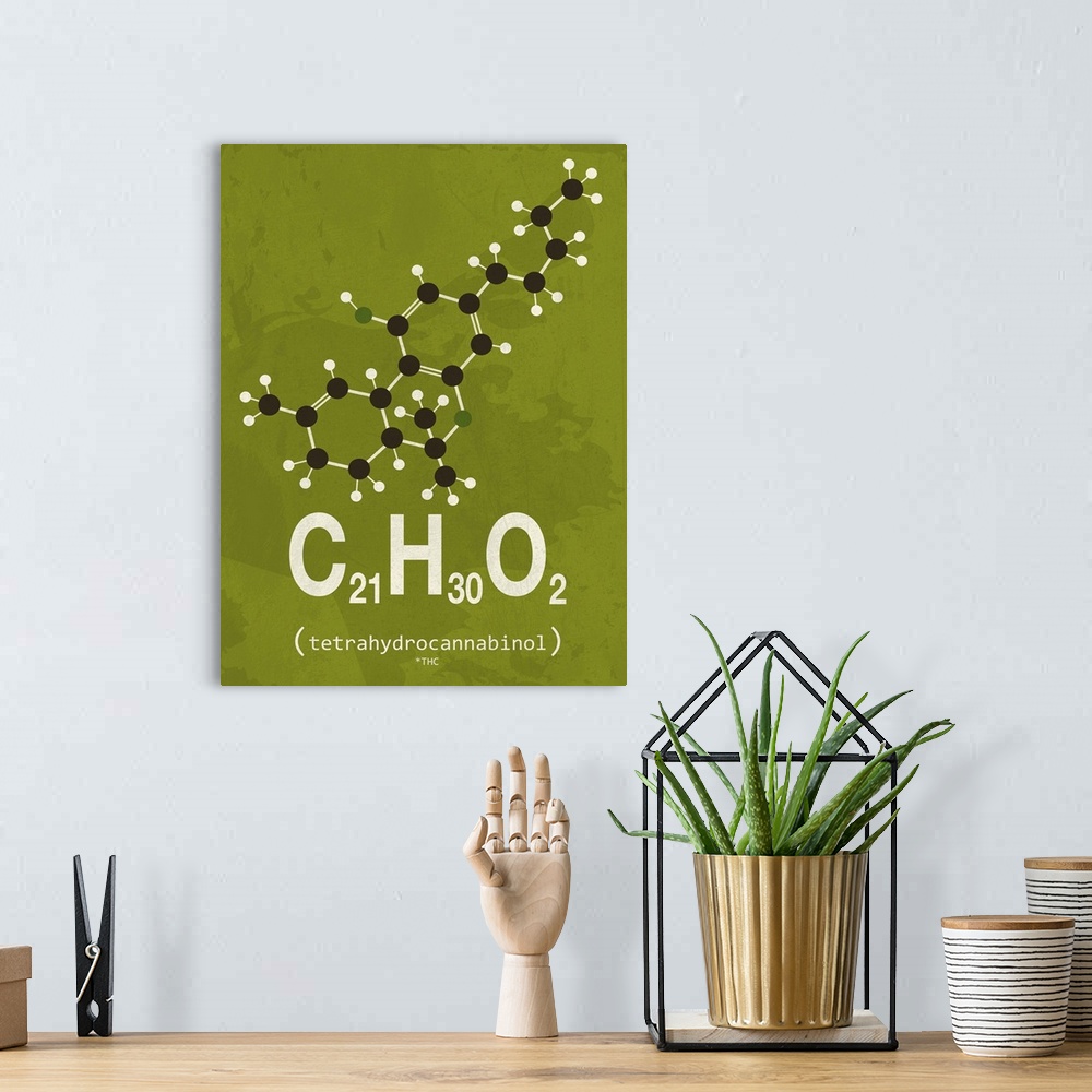 A bohemian room featuring Graphic illustration of the chemical formula for THC.