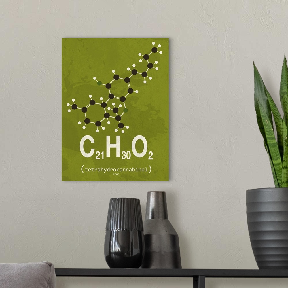 A modern room featuring Graphic illustration of the chemical formula for THC.
