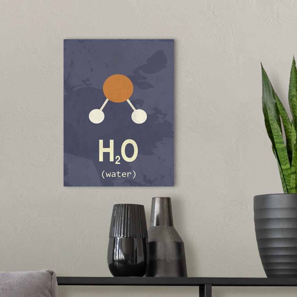 A modern room featuring Graphic illustration of the chemical formula for Water.