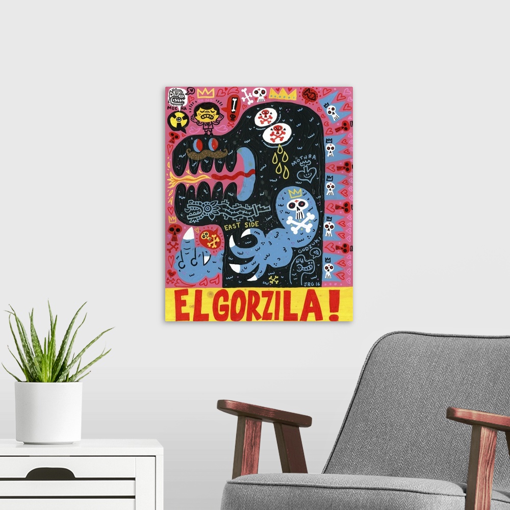 A modern room featuring Latin art of Godzilla, decorated with tattoos and roaring.
