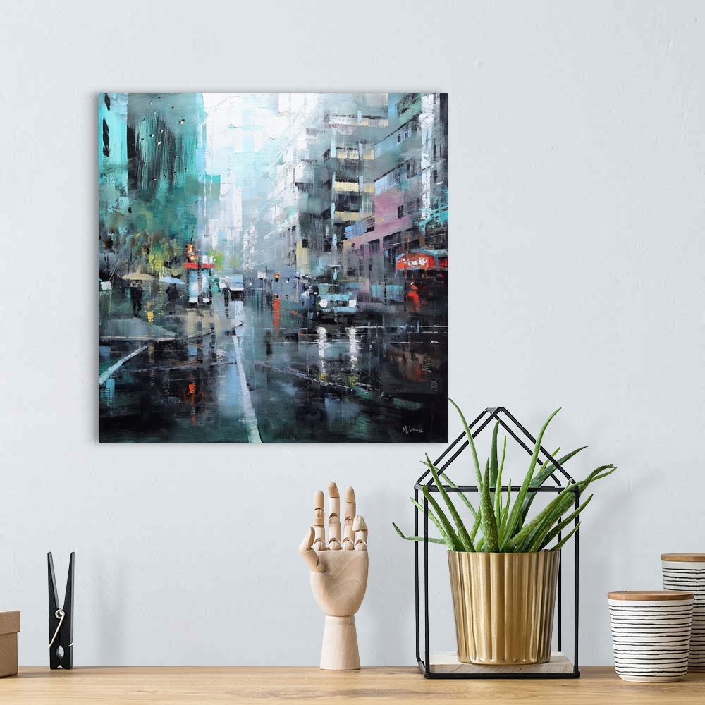 A bohemian room featuring Contemporary painting of traffic in the streets on a rainy day in Montreal.