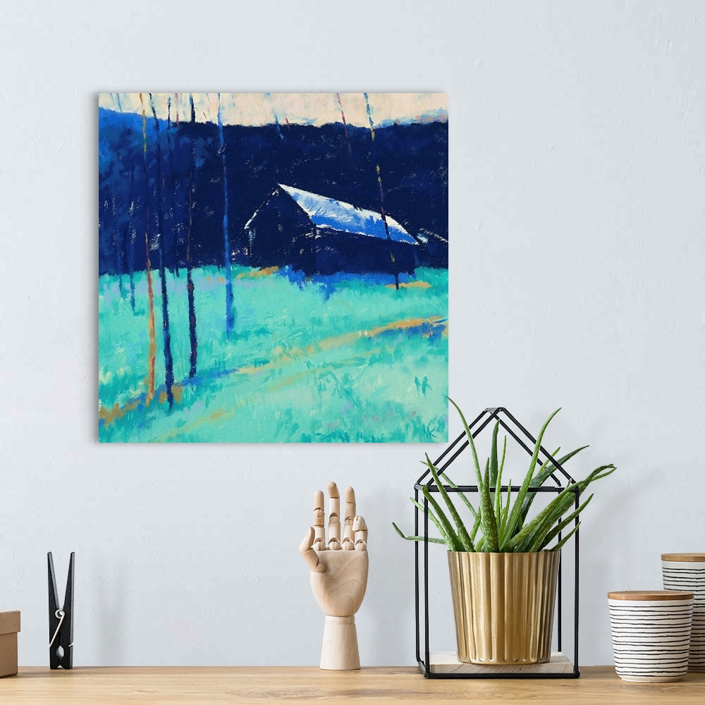A bohemian room featuring Contemporary painting of a blue barn in a turquoise field.