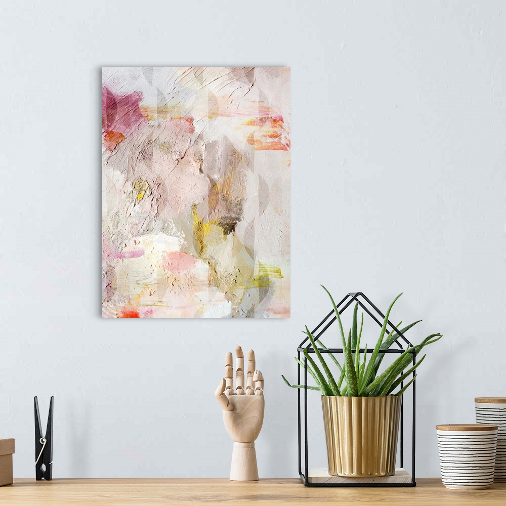 A bohemian room featuring A contemporary abstract painting featuring textured paint in shades of neutral with pink and gree...