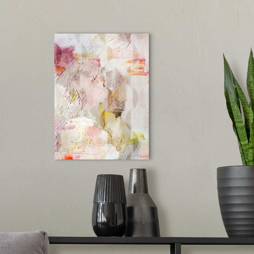 A modern room featuring A contemporary abstract painting featuring textured paint in shades of neutral with pink and gree...