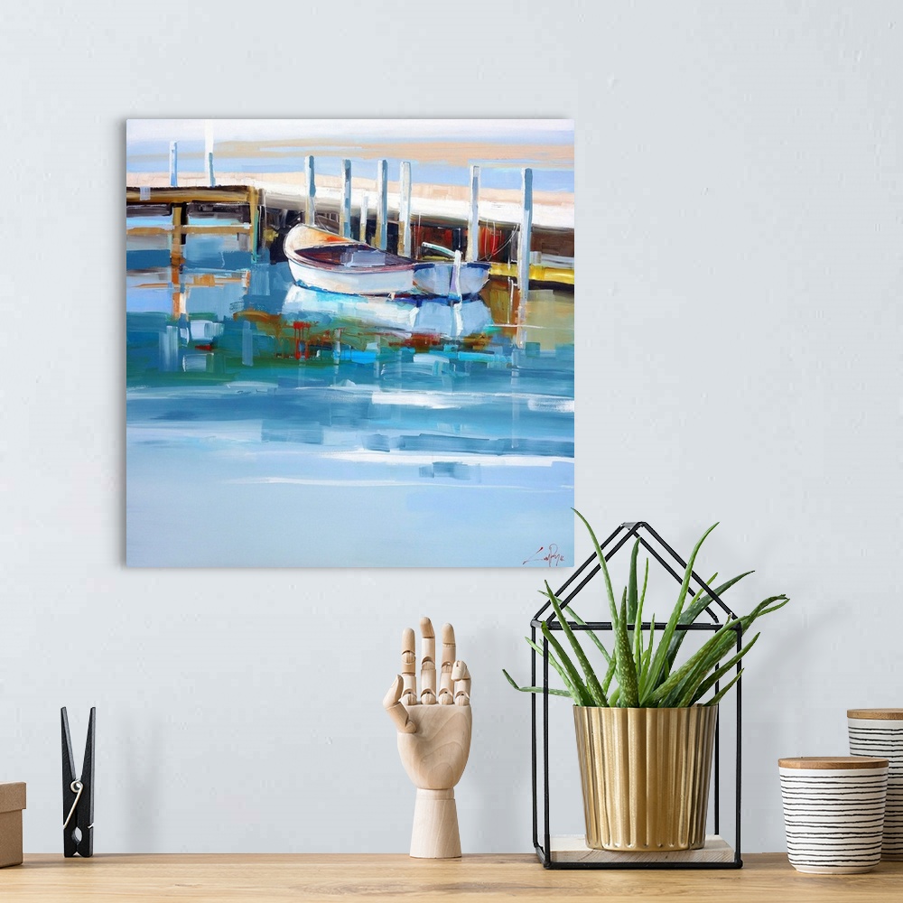 A bohemian room featuring A contemporary painting of boats docked at Port Fairy in Australia.