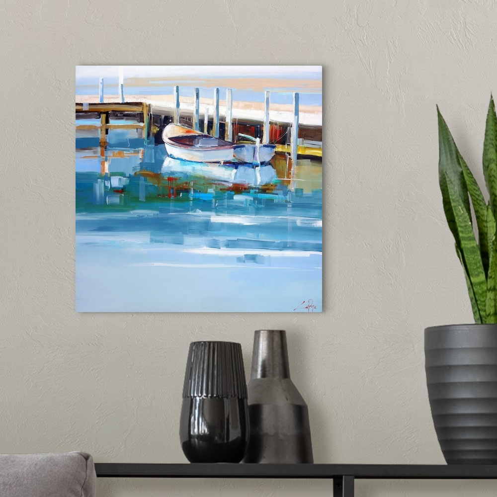 A modern room featuring A contemporary painting of boats docked at Port Fairy in Australia.