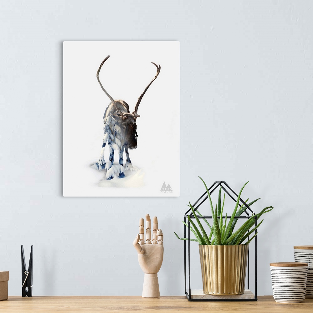 A bohemian room featuring A composite image of a moose merged with an image of a forest covered in snow.