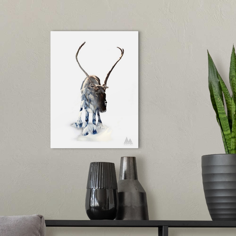 A modern room featuring A composite image of a moose merged with an image of a forest covered in snow.