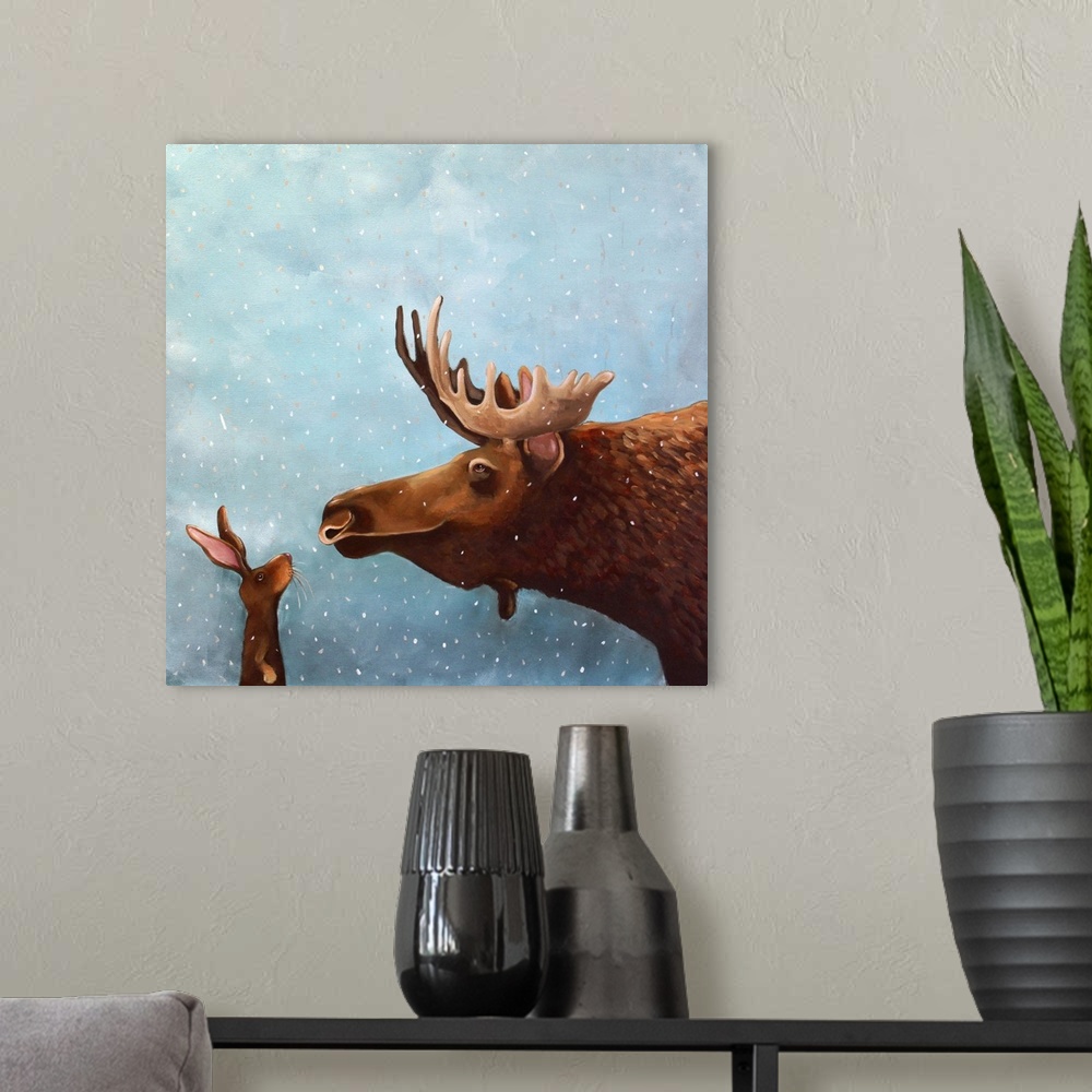 A modern room featuring Moose and Rabbit