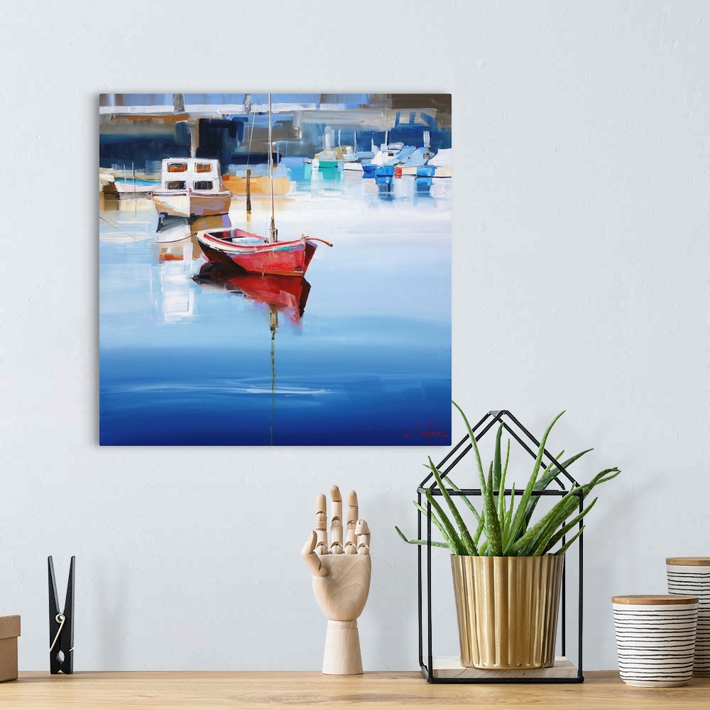 A bohemian room featuring A contemporary painting of a red sailboat tied at a bock dock a long with other boats.