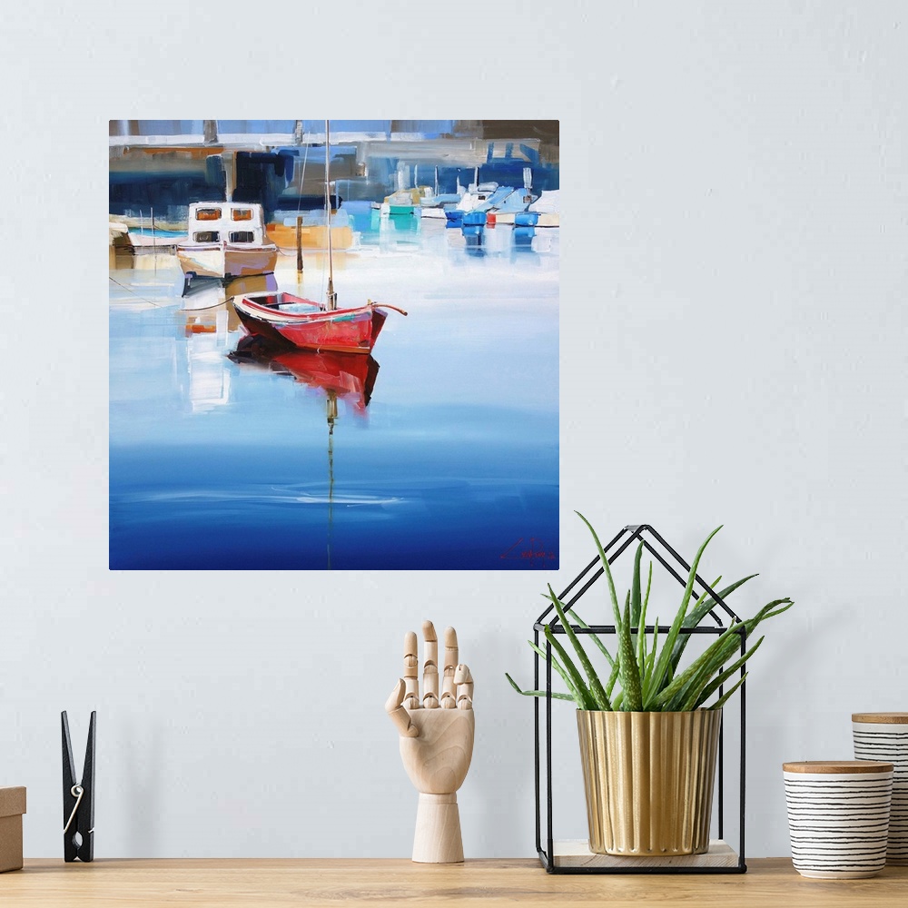 A bohemian room featuring A contemporary painting of a red sailboat tied at a bock dock a long with other boats.