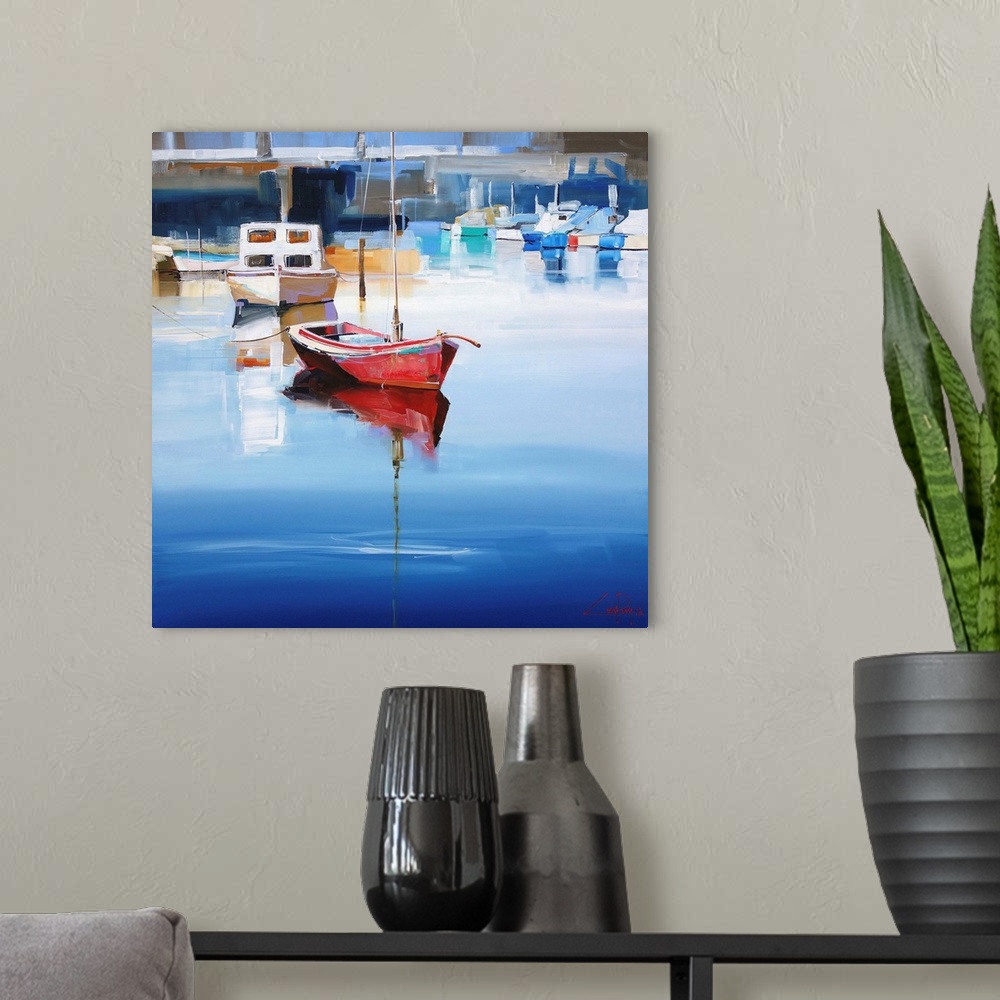 A modern room featuring A contemporary painting of a red sailboat tied at a bock dock a long with other boats.