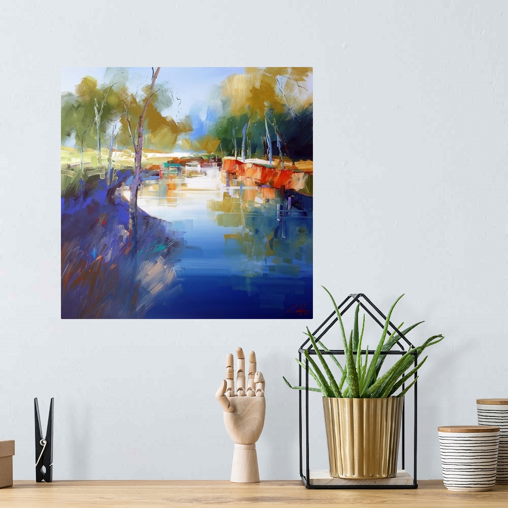 A bohemian room featuring A contemporary painting of a waterway at Cobram, Australia.