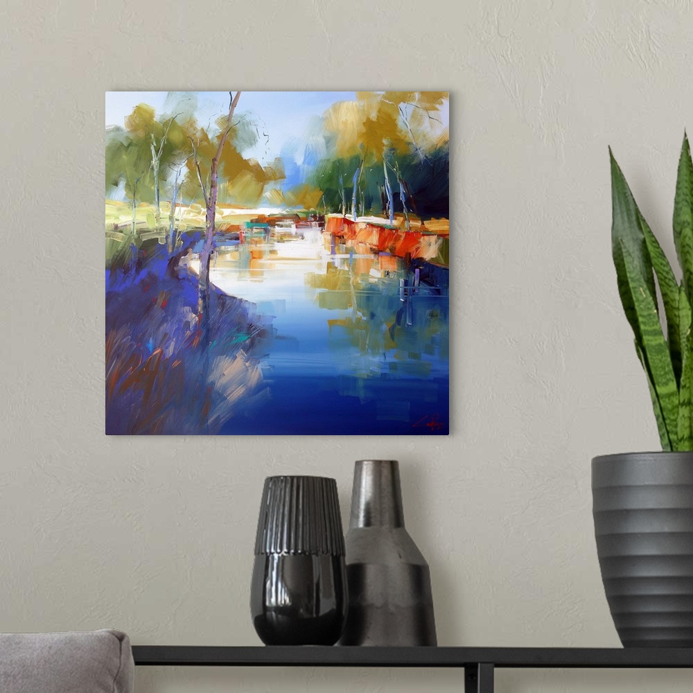 A modern room featuring A contemporary painting of a waterway at Cobram, Australia.