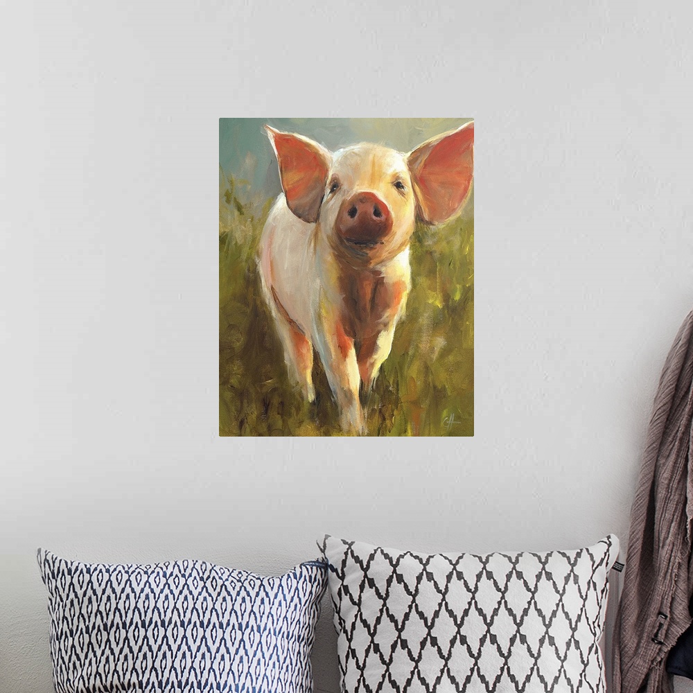 A bohemian room featuring Contemporary painting of a pink pig with large ears.