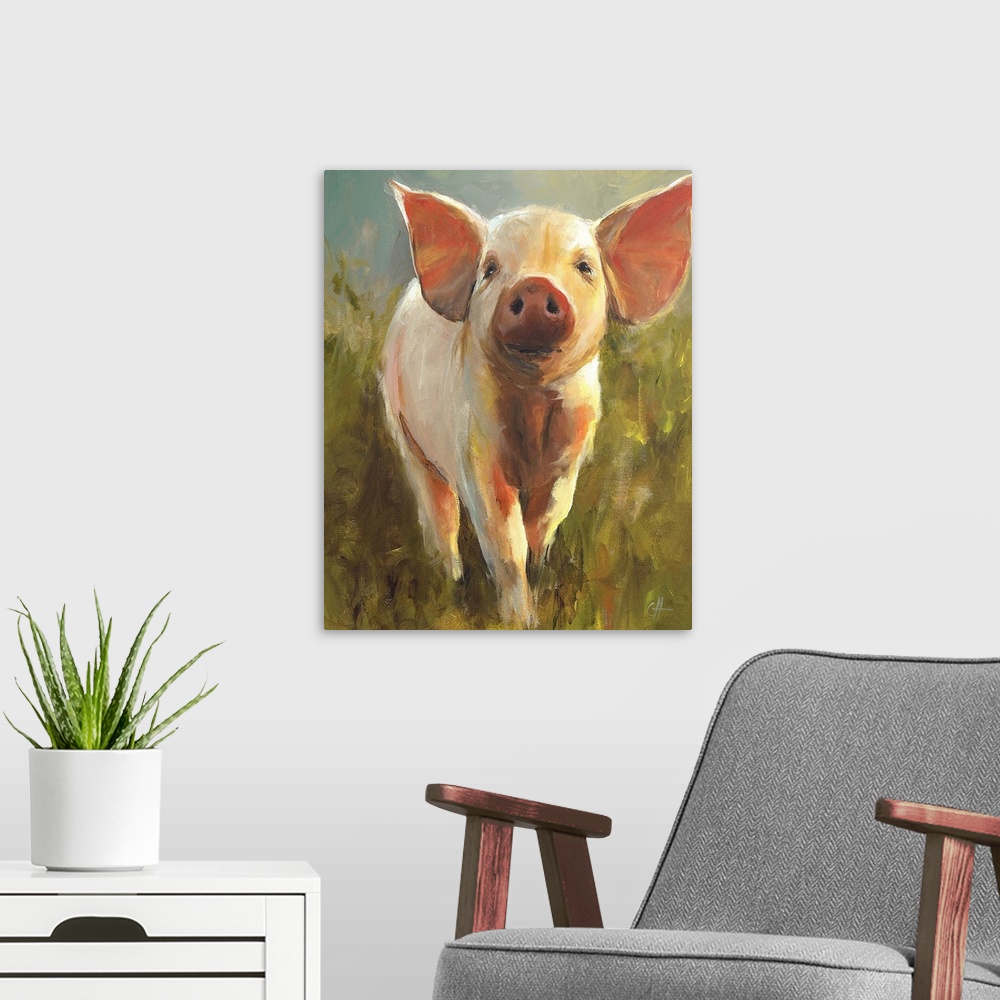 A modern room featuring Contemporary painting of a pink pig with large ears.