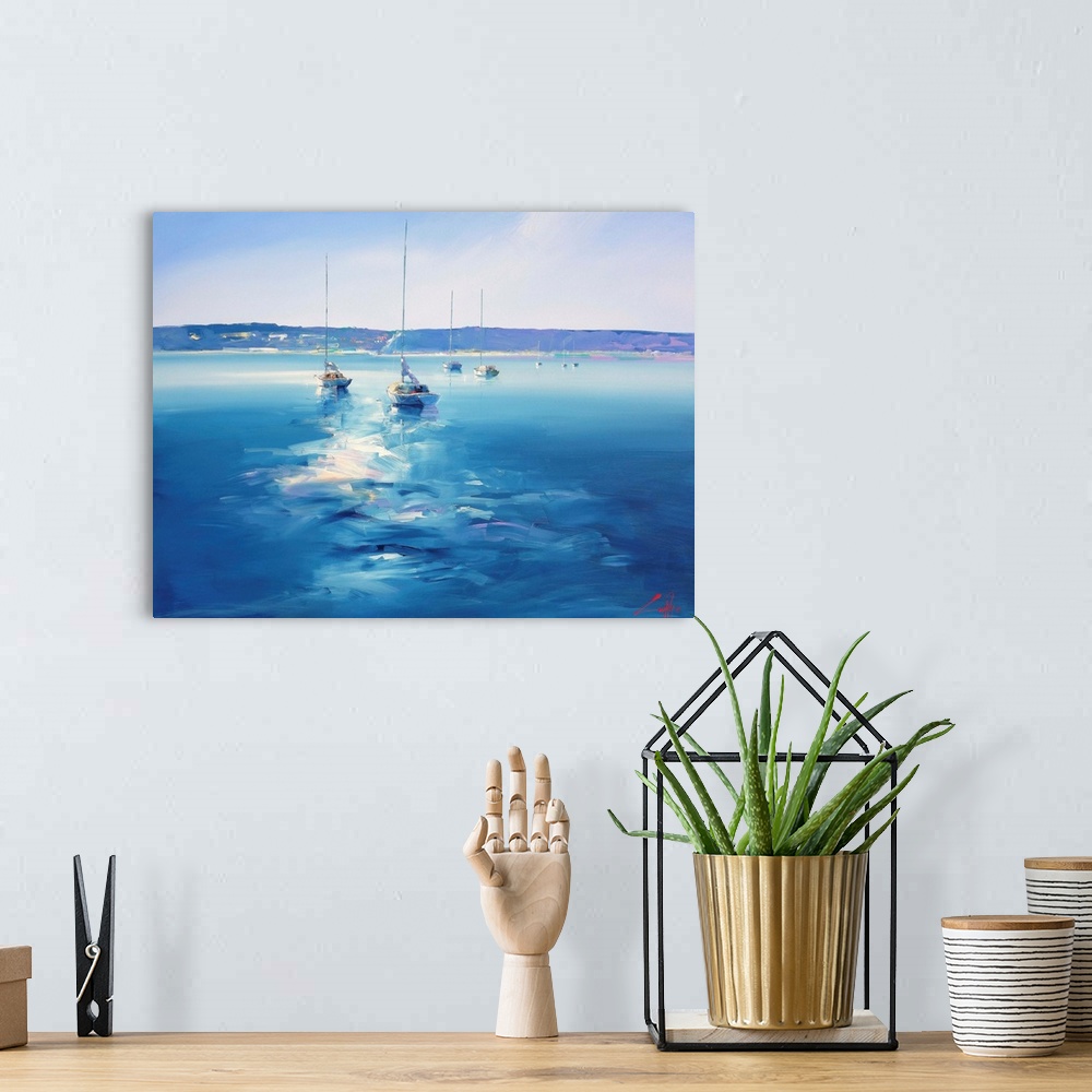 A bohemian room featuring A contemporary painting of sailboats in a bay in Australia.