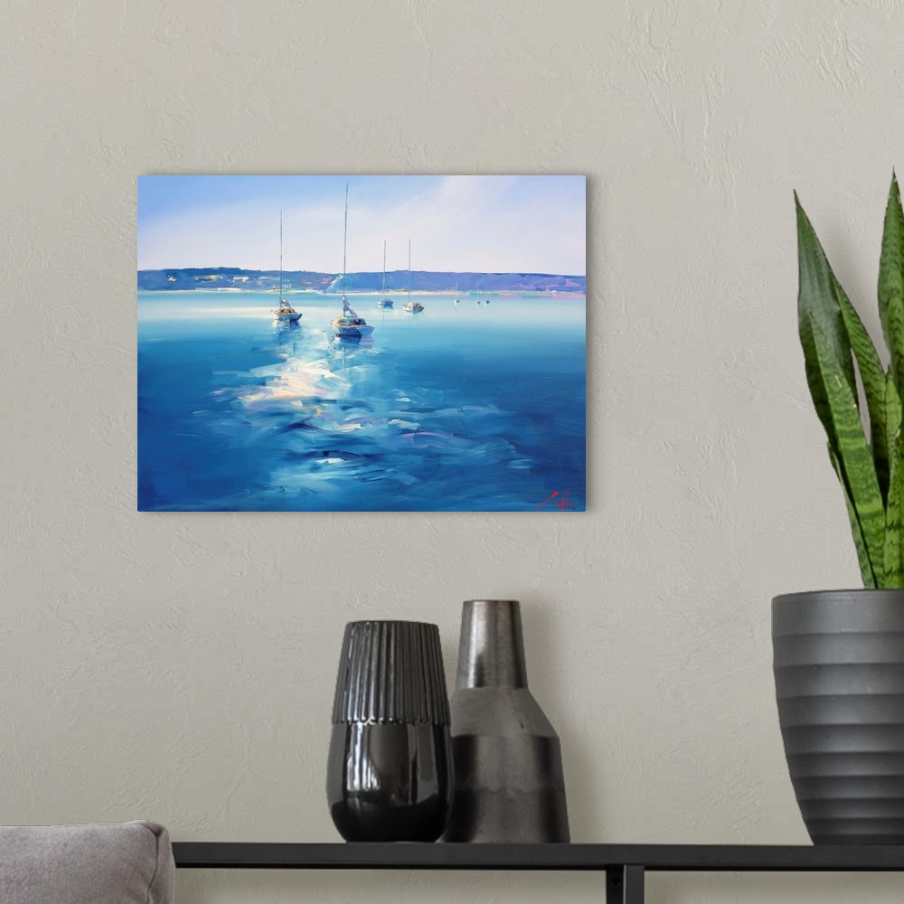 A modern room featuring A contemporary painting of sailboats in a bay in Australia.