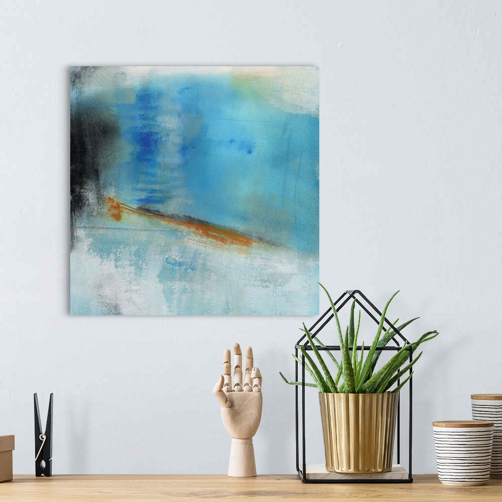 A bohemian room featuring A contemporary abstract painting  using predominantly blue