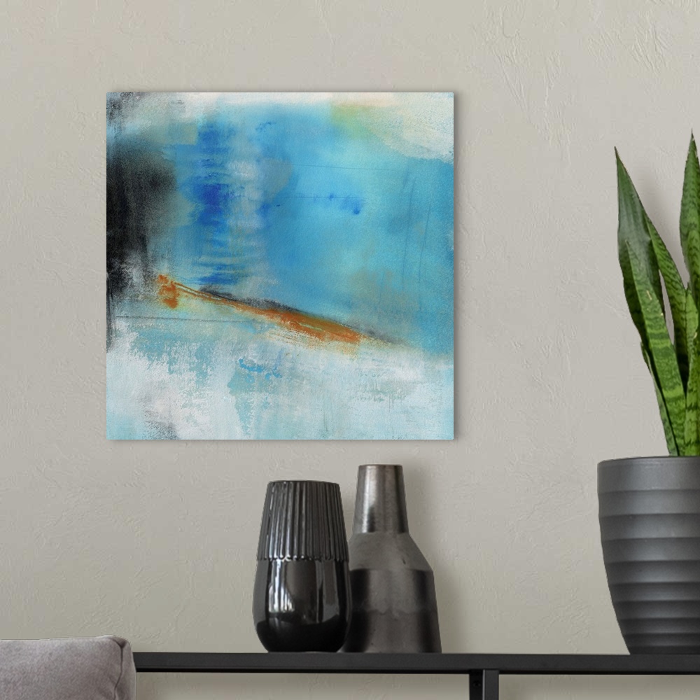 A modern room featuring A contemporary abstract painting  using predominantly blue