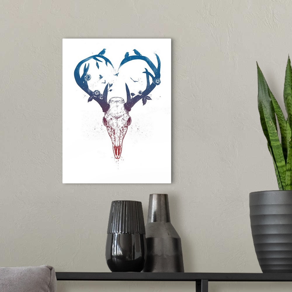 A modern room featuring Digital illustration of a deer skull with flowers and birds adorning its antlers.