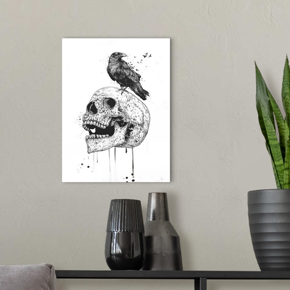 A modern room featuring Surrealistic illustration of a raven sitting atop a skull.