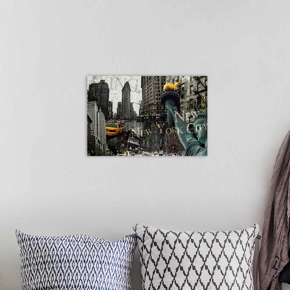 A bohemian room featuring Image composite of landmarks in New York City, including the Statue of Liberty and Times Square.