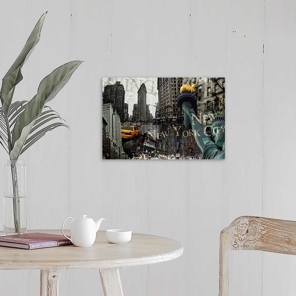A farmhouse room featuring Image composite of landmarks in New York City, including the Statue of Liberty and Times Square.