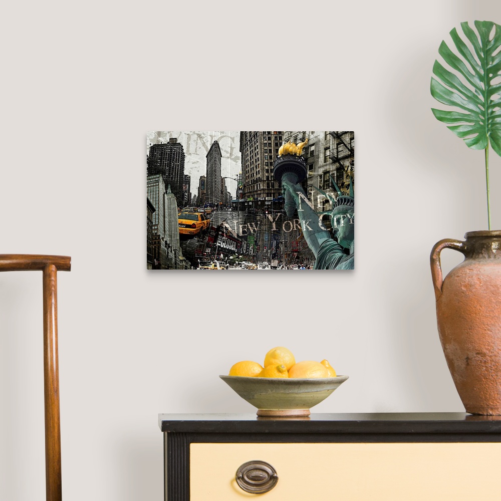 A traditional room featuring Image composite of landmarks in New York City, including the Statue of Liberty and Times Square.