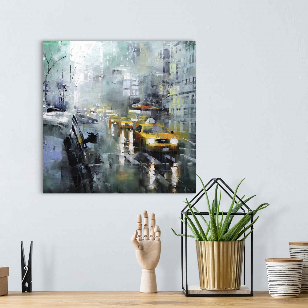 A bohemian room featuring Contemporary painting of taxis and other cars in the street on a rainy day in New York City.