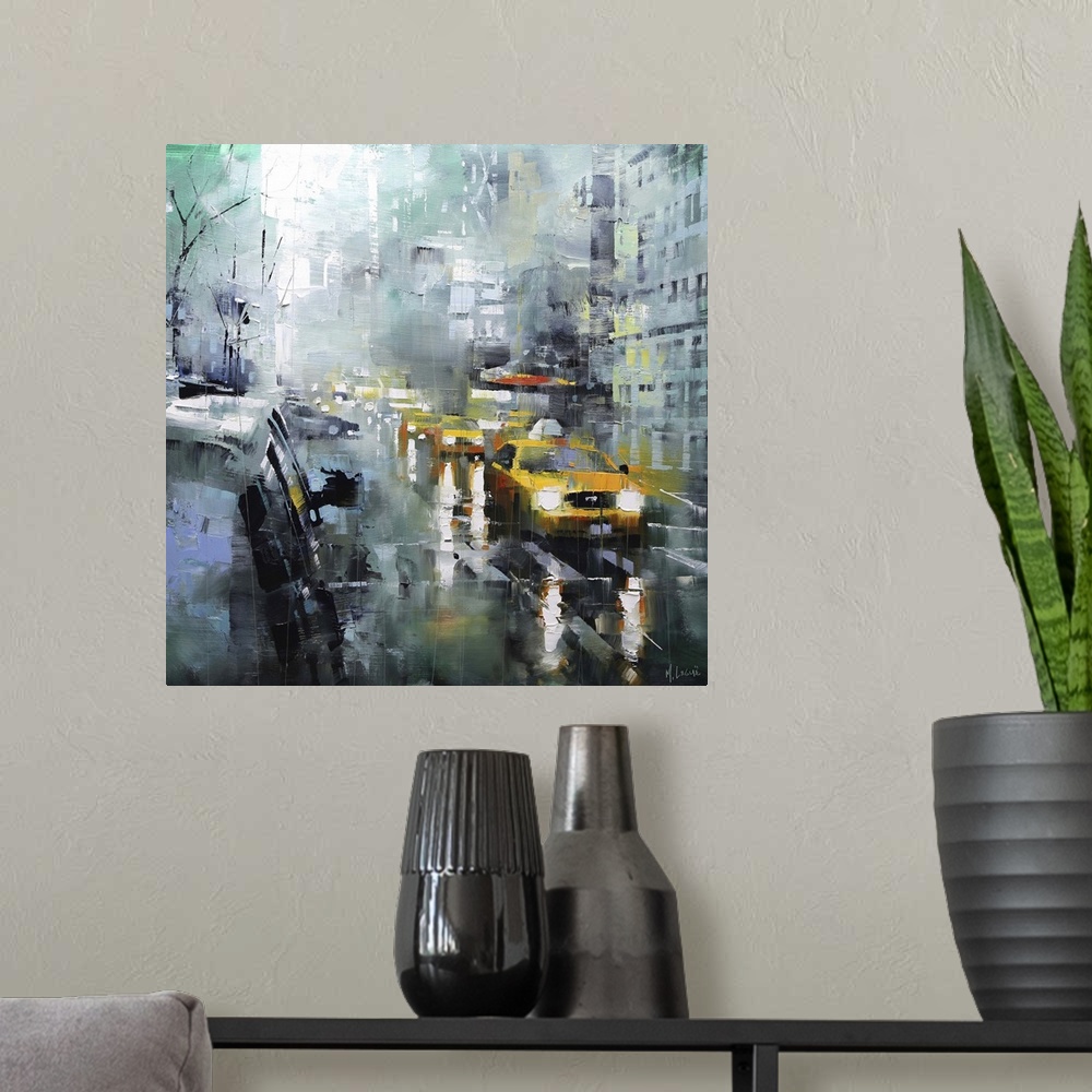 A modern room featuring Contemporary painting of taxis and other cars in the street on a rainy day in New York City.