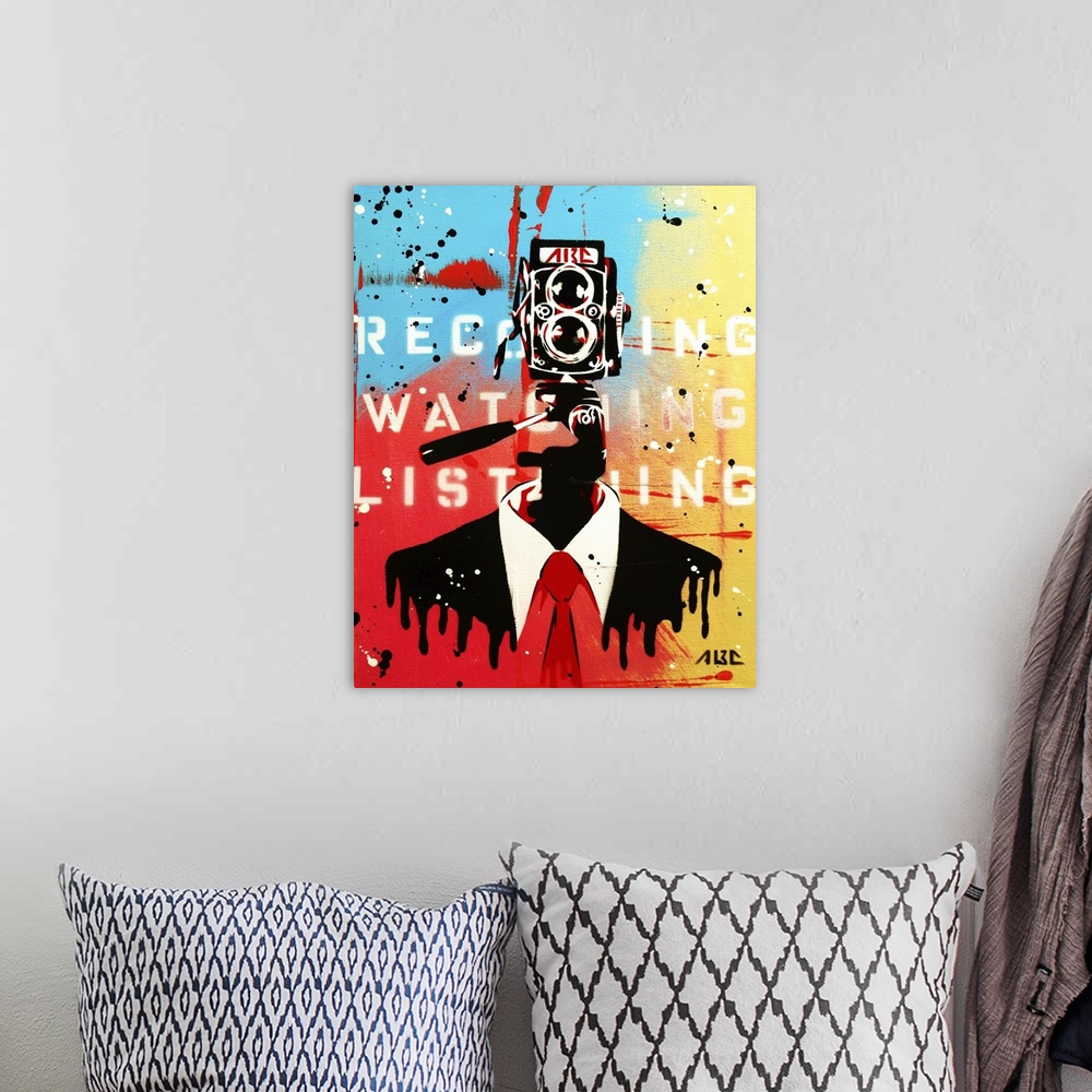 A bohemian room featuring Urban painting of a businessman with a camera for a face.