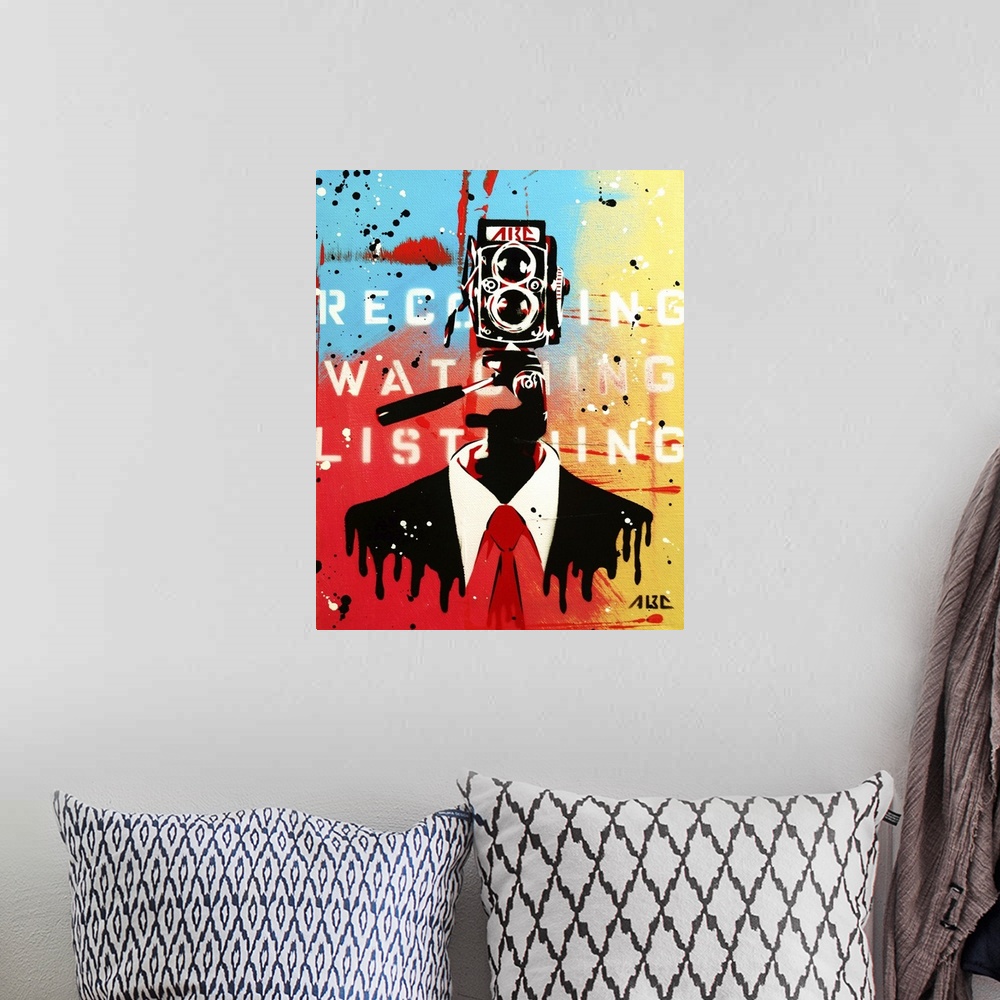 A bohemian room featuring Urban painting of a businessman with a camera for a face.