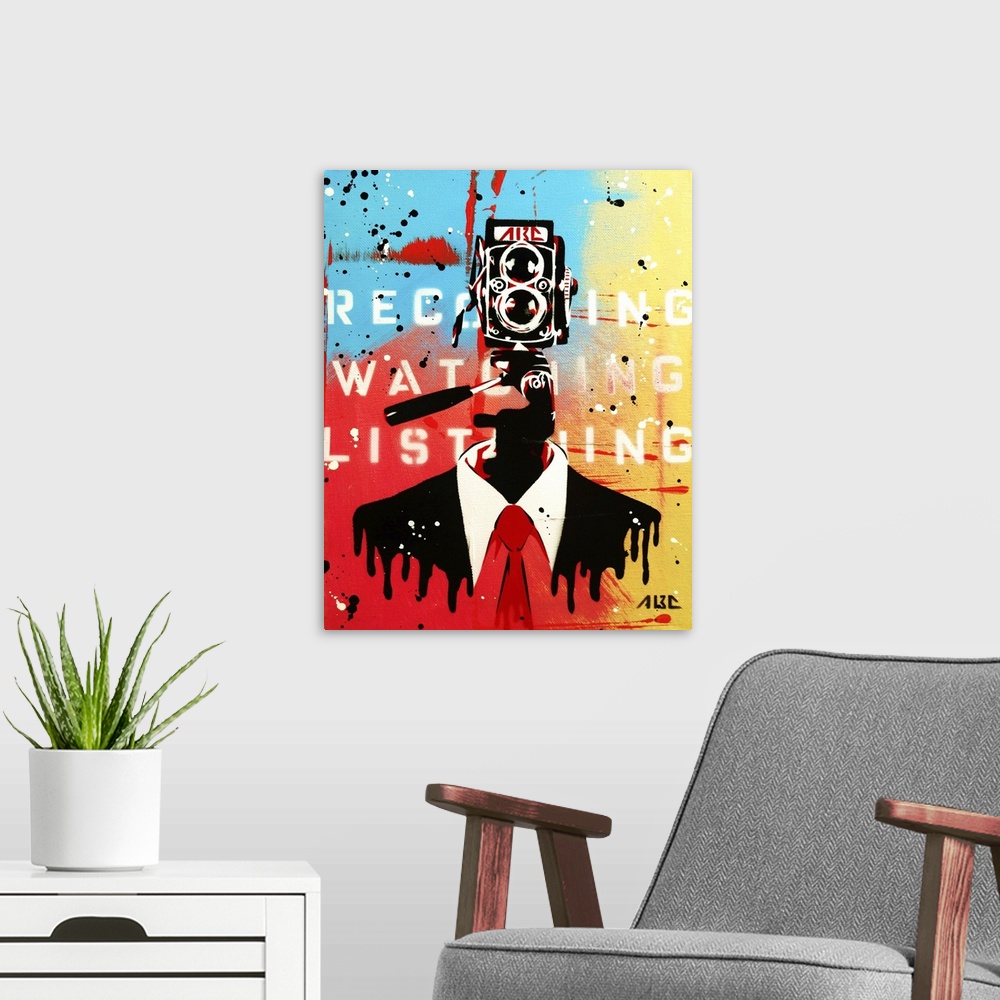 A modern room featuring Urban painting of a businessman with a camera for a face.