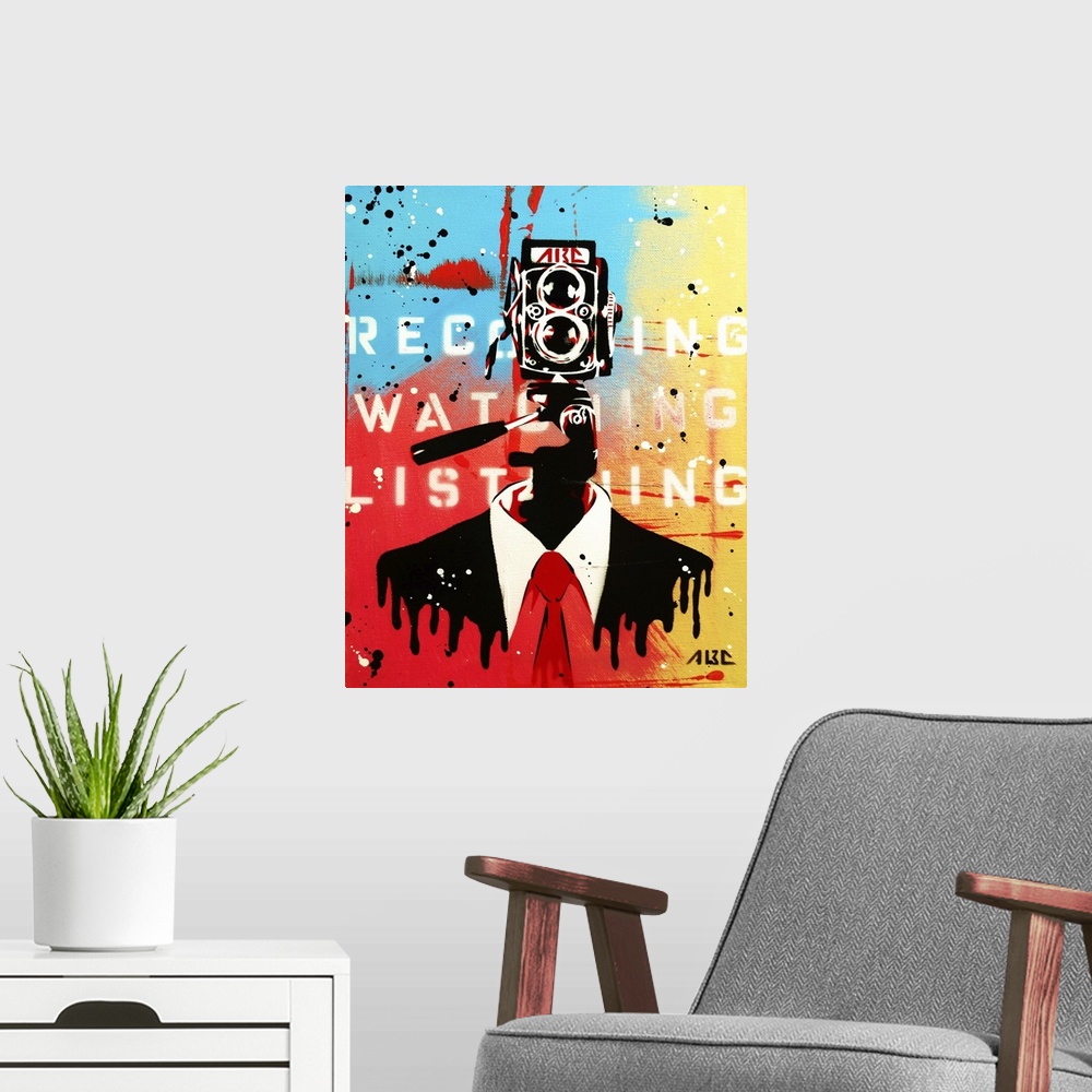 A modern room featuring Urban painting of a businessman with a camera for a face.