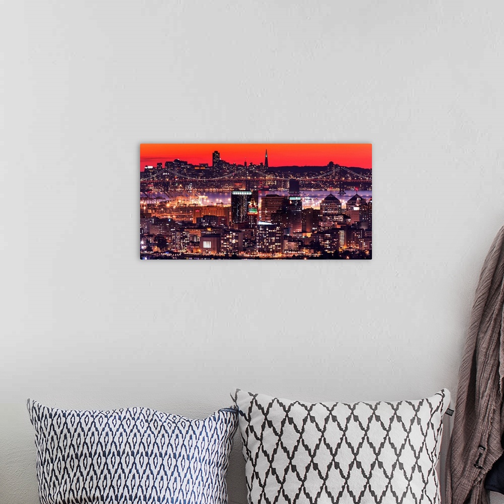 A bohemian room featuring A photograph of a vibrant neon lighted cityscape at sunset.